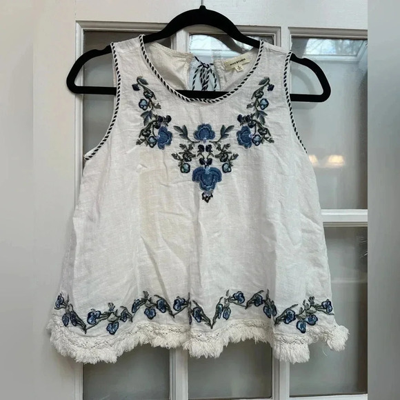 MAX STUDIO | White w/ Blue Floral Embroidered Bohemian Cotton Top Size S - Picture 16 of 16